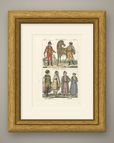 Hungarian Gentlemen, a Hungarian Bridal Couple and Wallachians, 1842, shown framed