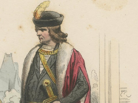 Antique French Costume Print of a Baron and Baroness in Medieval Attire, ca.1860, close-up 3