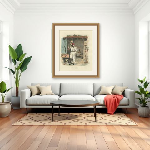 Costume Print: Roman Butcher at Work, 1820s Hand-Colored Engraving, shown framed in a room