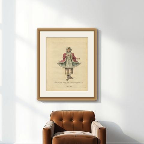 Antique Costume Print Young Lady of Naxos Archipelago Jefferys, 1749, shown framed on a wall