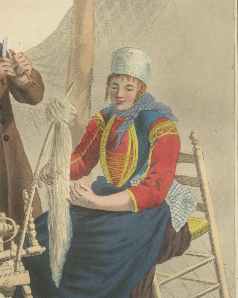 Fisherman and Wife mending the Net, Dutch Costume Print, 1811, close-up 2