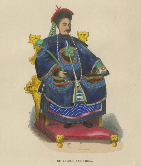 Chinese Emperor Costume Plate, Hand-Colored Lithograph, 1854, close-up 1