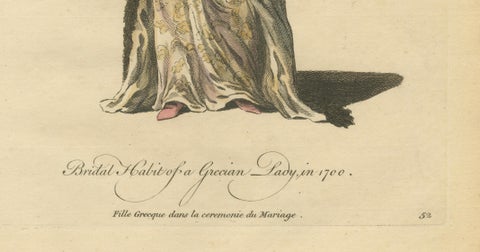 Antique Costume Print Grecian Lady Bridal Dress Jefferys, 1749, close-up 3