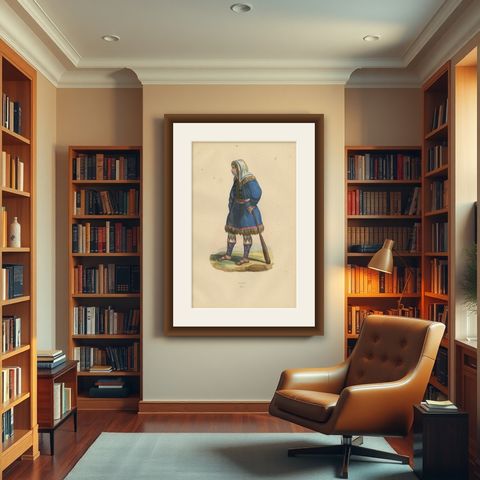Traditional Kurek Attire in Handcolored Lithograph from 1844, shown framed in a room