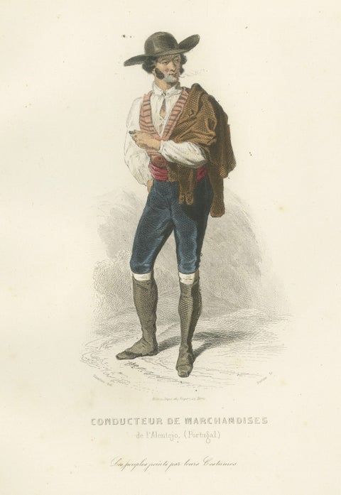 Set of Three Antique Iberian Costume Engravings, Spain & Portugal, circa 1850, close-up 4
