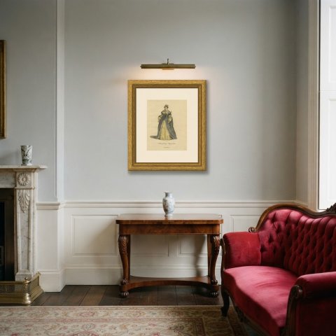 Habit of Queen Mary in 1554, Hand Colored Jefferys Costume Plate, 1757, shown framed in a room