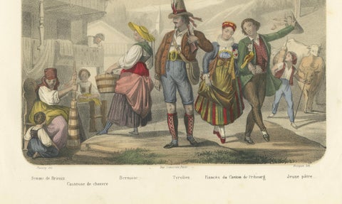 Swiss and Tyrolean Costumes, Fiancés of Fribourg and Tyrolean Figures, c.1845, close-up 4
