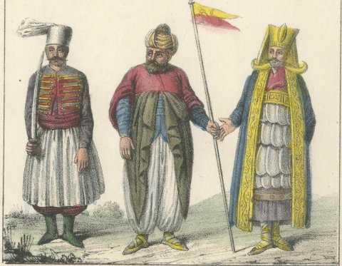 Istanbul Cadi, Standard Bearer, Head Cook and a Water Carrier, 1842, close-up 1