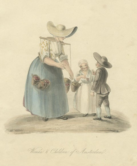 Old Antique Engraving of a Woman and Children of Amsterdam, Holland, 1817, close-up 1