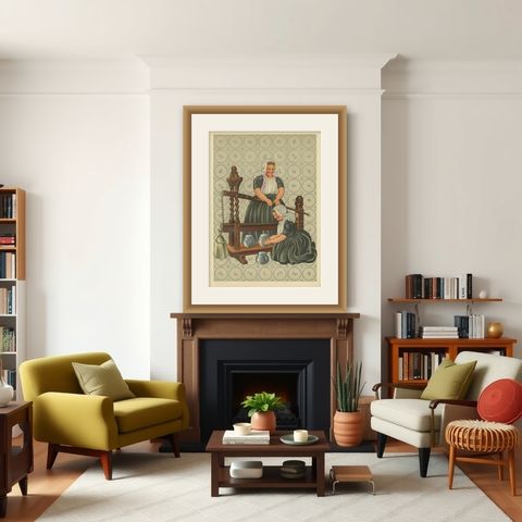 Walcheren Town Dress: Middelburg-Ambacht Women at a Cheese Press, 1932, shown framed in a room