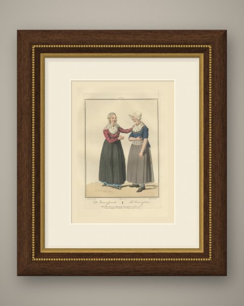 The Conversation, Dutch Costume Print, Maaskamp, 1811, shown framed