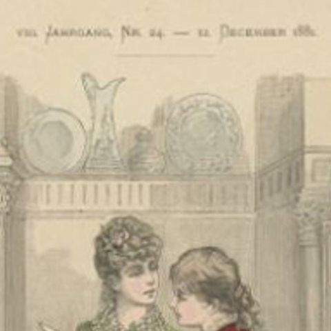 Antique Fashion Print of Two Ladies and a Girl, by Marquart, 1881, close-up 1