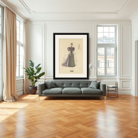 Victorian Evening Elegance: Opulent Fashion Lithograph Published in 1889, shown framed in a room
