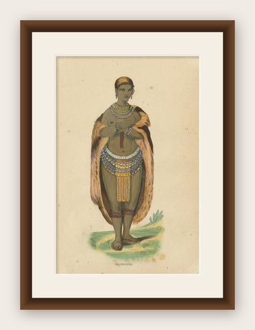 Antique Costume Print of a Female Khoikhoi by Wahlen, 1843, shown framed