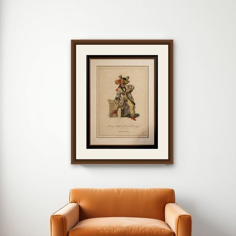 Antique Costume Print, Bashaw of Caramania, Ottoman Figure, 1749, shown framed on a wall