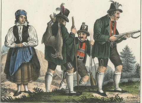 Bavarian Peasant Dress, a Spessart Woman and Mountain Hunters, 1842, close-up 2