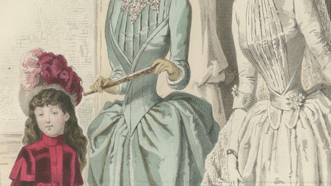 French Fashion Print, Bridal Scene with Ladies & Child, c.1887, close-up 3