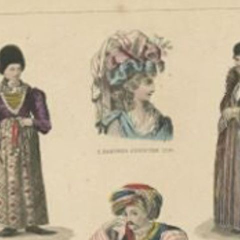 Antique Print with Costumes of Greece, Bayern, Holland, England and Others, close-up 1