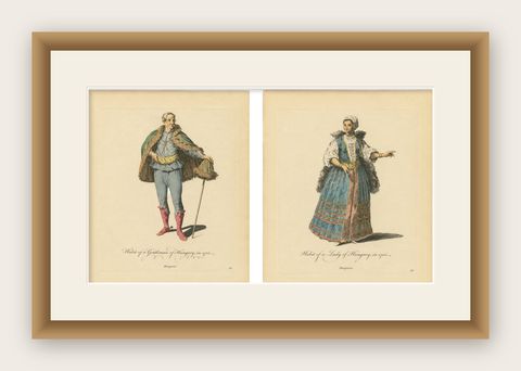Hungarian Gentleman & Lady Costume Engravings, Hand-Colored Pair, 1749, shown framed
