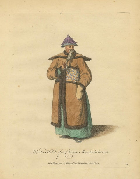Chinese Mandarin in Winter Court Dress, Antique Print, Jefferys, 1749, close-up 1
