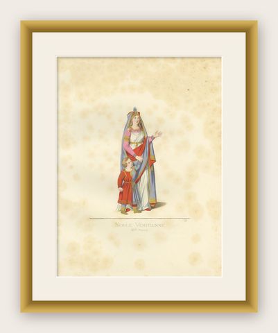 Antique Print of a Venetian Noblewoman by Bonnard, 1860, shown framed
