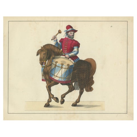 19th-Century Hand-Coloured Print of a Drummer on Horseback in Medieval Attire