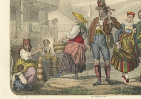 Swiss and Tyrolean Costumes, Fiancés of Fribourg and Tyrolean Figures, c.1845, close-up 5