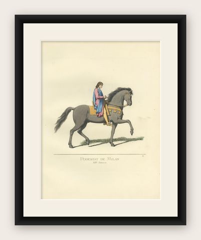 Podestat de Milan Antique Print, 1860, Historical Costume Art, shown framed