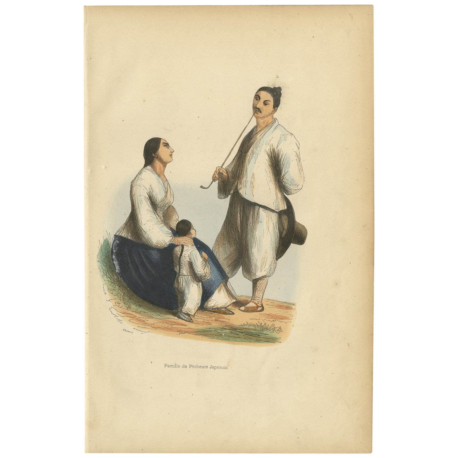 Antique Print of a Japanese Fishermen Family, 1843