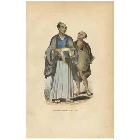 Antique Print of a Japanese Nobleman and His Servant by Wahlen, 1843