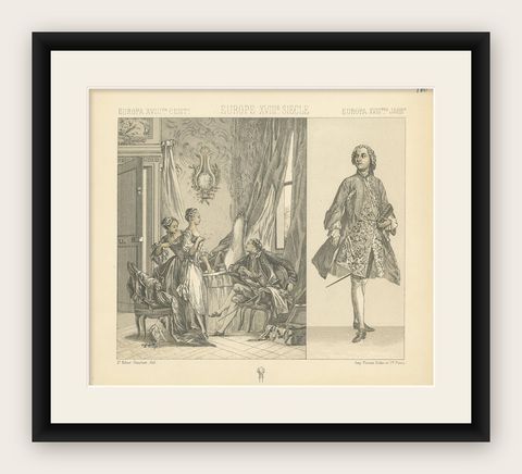 Pl. 110 Antique Print of European 18th Century Costumes by Racinet, circa 1880, shown framed