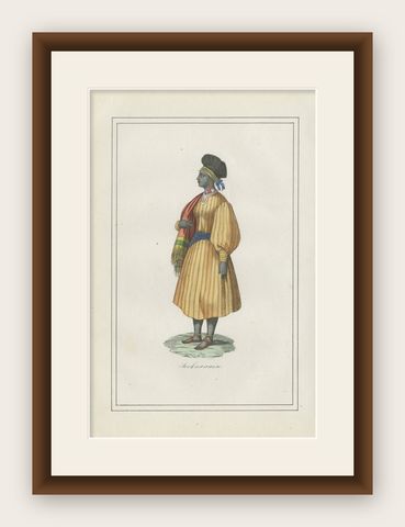 Sierra Leone Woman Costume Print, Antique Hand-Colored Lithograph, 1854, shown framed