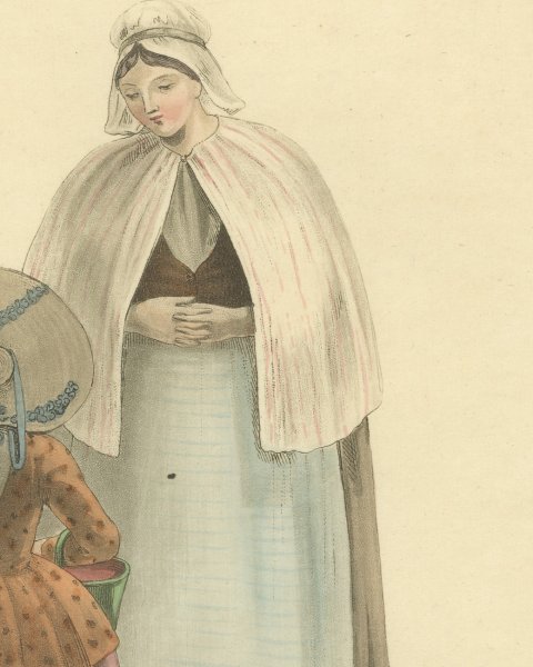 Woman and Little Girl with Green Pail, Antique Ackermann Costume Print, 1817, close-up 1
