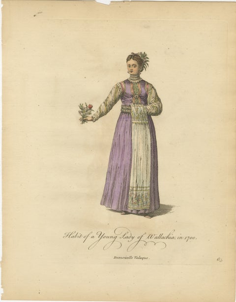 Antique Costume Print of a Young Lady of Wallachia, Engraving Jefferys, 1749, view 2