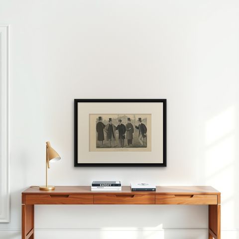 Antique Fashion Print September, 1864, shown framed on a wall