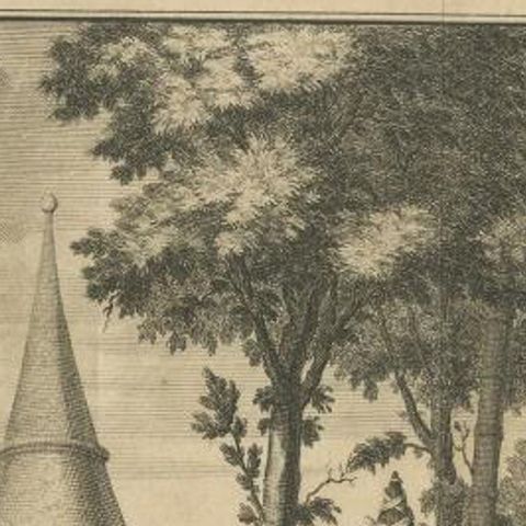 Old Print of the Temple Kiakiak Dagun and Costumes of the Peguans, India, 1732, close-up 1