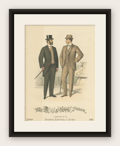Old Fashion Print of Men Illustrating the Fashion Trends of the Summer of 1898, shown framed
