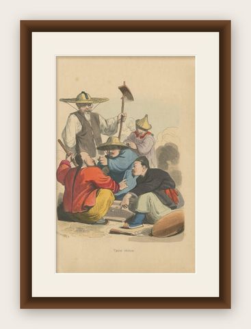 Antique Costume Print of Chinese Men playing a Game of Dice by Wahlen, 1843, shown framed