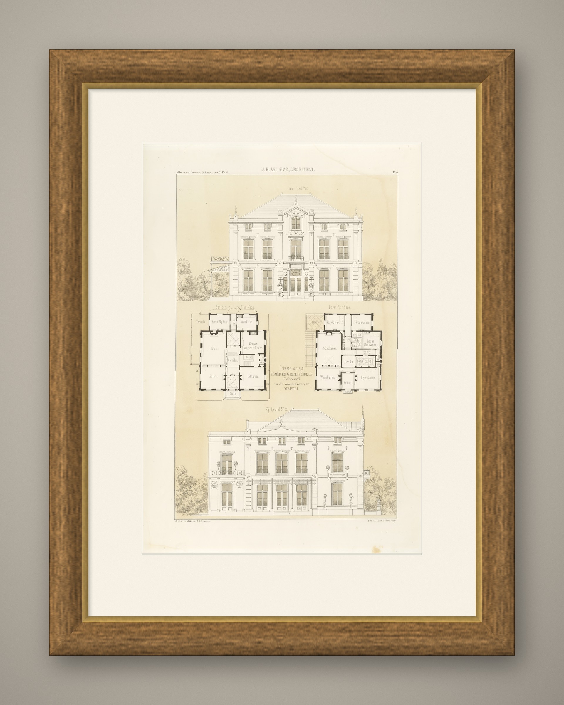 Meppel Country House, Elevations, Dutch Architecture Print, Leliman, 1865-1866, shown framed