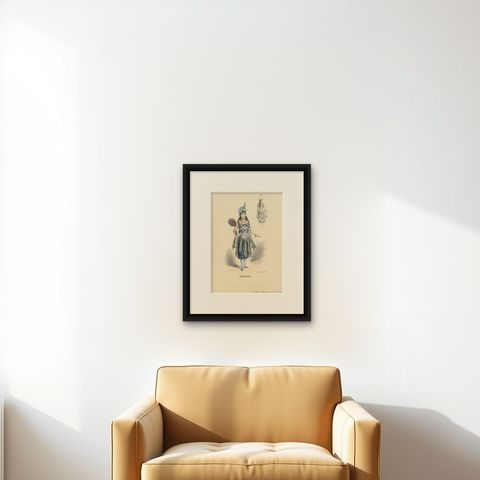 Antique Fashion Print, Lady in Oriental Costume by G. Donjean, c.1870, shown framed on a wall
