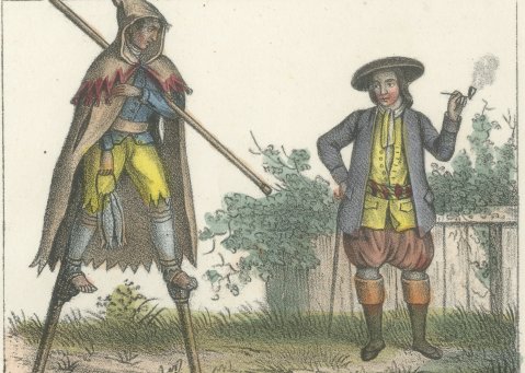 Stilt Walker of Haiden and French Peasants, Hand Colored Lithograph, 1842, close-up 1