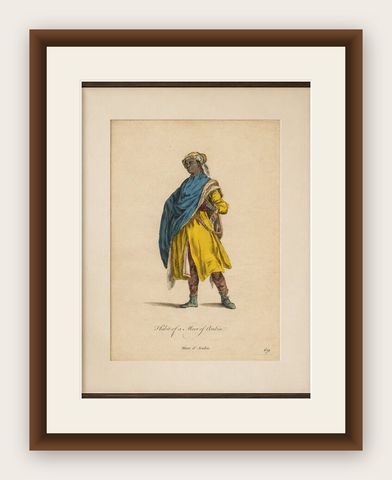Arabian Moor in Yellow Robe, Antique Hand-Colored Costume Print, 1749, shown framed
