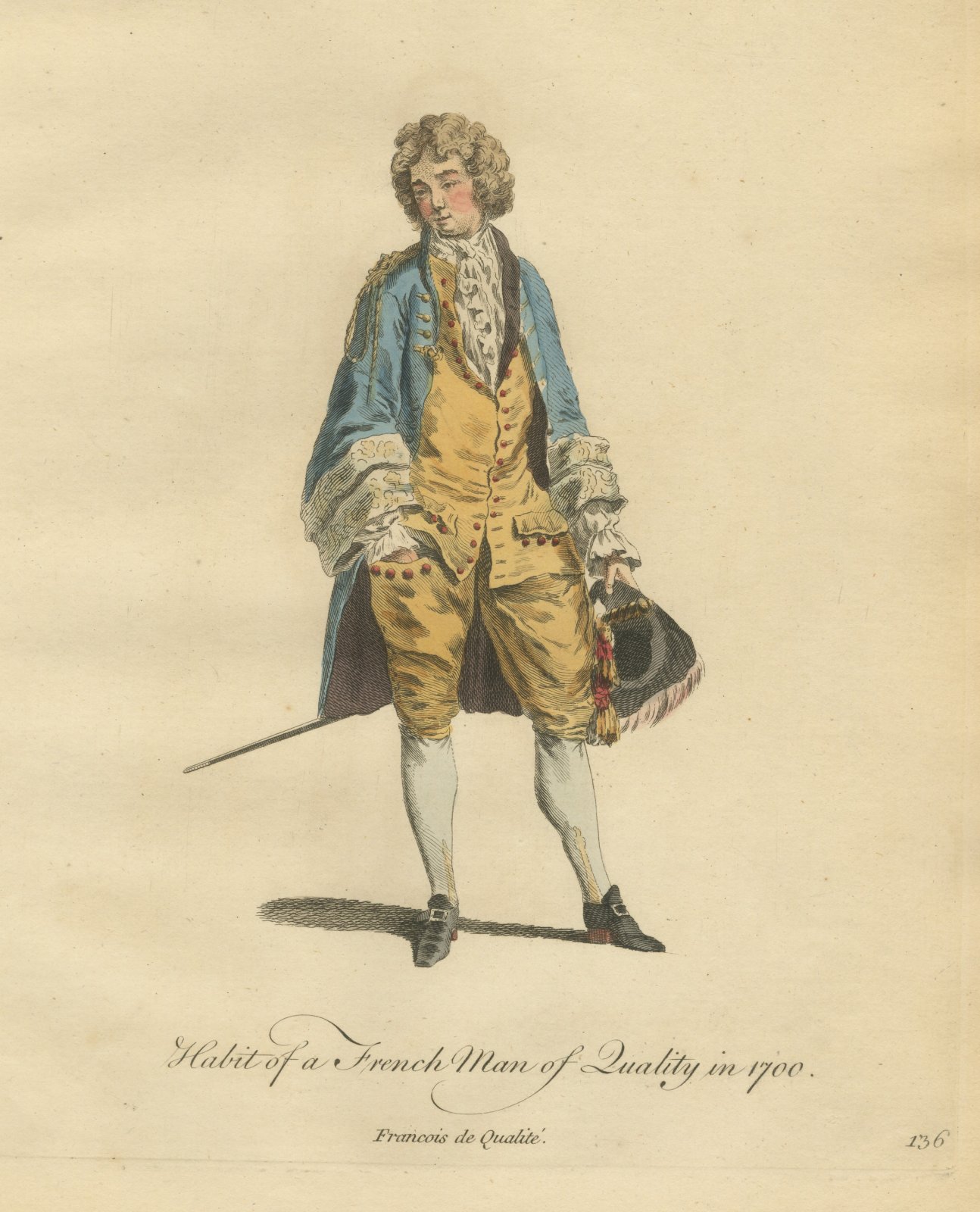French Man of Quality in 1700 in a Blue Coat, Jefferys Costume Plate, 1757