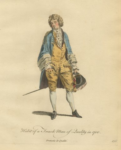 French Man of Quality in 1700 in a Blue Coat, Jefferys Costume Plate, 1757