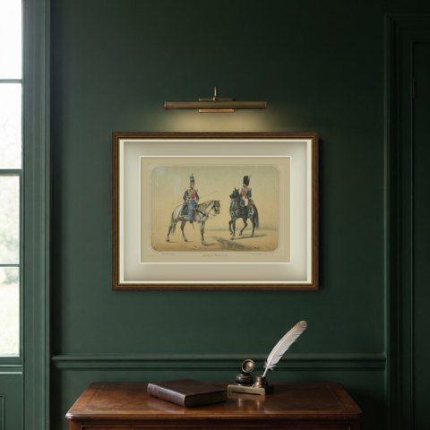 Guardias de la Persona del Rey, Spanish Royal Guard Cavalry, Lithograph, 1861, shown framed on a wall