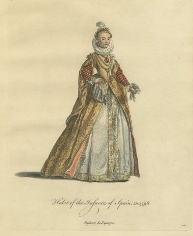 Infanta of Spain in 1598 in a Gold Brocade Gown, Jefferys Costume Plate, 1757