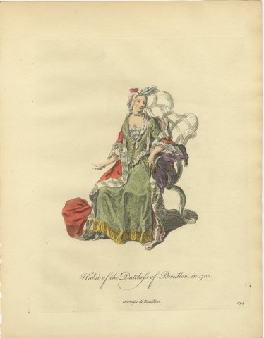 Duchess of Bouillon Seated in 1700, Hand Colored Jefferys Engraving, 1757, view 2