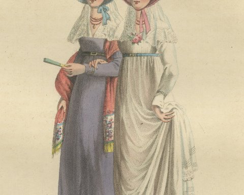 The Promenade, Two Young Women, Dutch Costume Print, 1811, close-up 3
