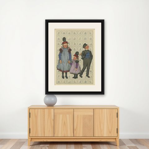 Charming Sunday Dress of Huizen Children, Late 19th-Century Dutch Costume, shown framed on a wall