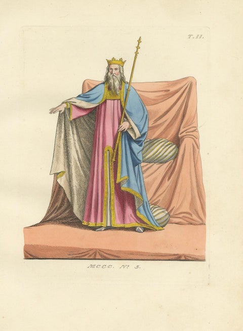 Antique 1845 Hand-Colored Print of a Medieval King in Regal Robes with Scepter, close-up 4